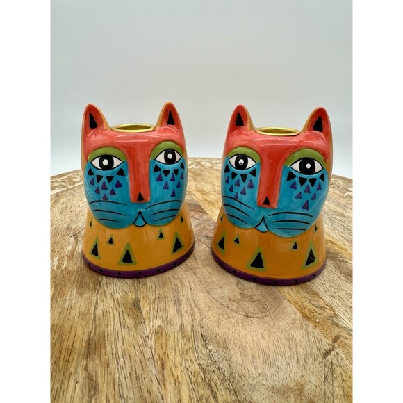 2 Vintage 90s Laurel Burch Bella Casa By Ganz Cat taper Candle Holders orange - Picture 1 of 8